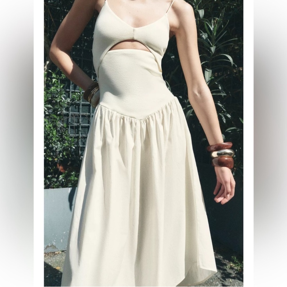 Zara Cream Midi Dress with Cutout Bodice